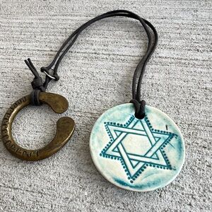 Handmade Ceramic Star of David Pendant Necklace Leather Cord Boho Artisan